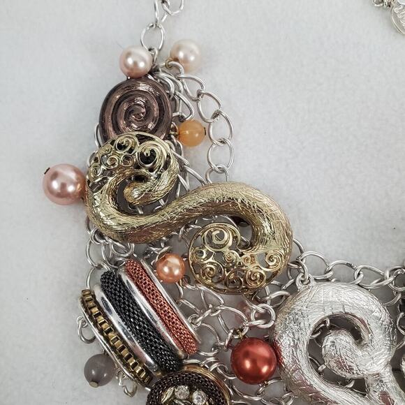 Lucia Multi-strand Metal, Pearl, Rhinestone Chunky Choker Necklace - Picture 5 of 7